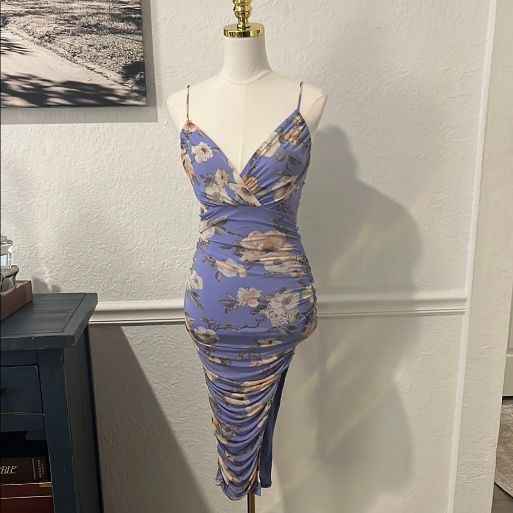 Privileged Blue and Purple Ruched Midi Dress Spaghetti Strap NWT